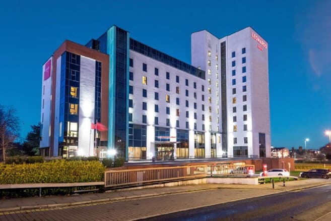Leonardo Hotel Derby exterior at dusk